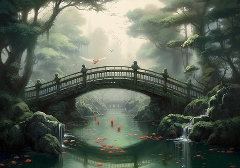 飞鸟拱桥幽静山水池塘睡莲荷花手绘古风国风中国水墨风插画,插画/手绘图,插画/手绘图库,插画/手绘图下载,插画/手绘